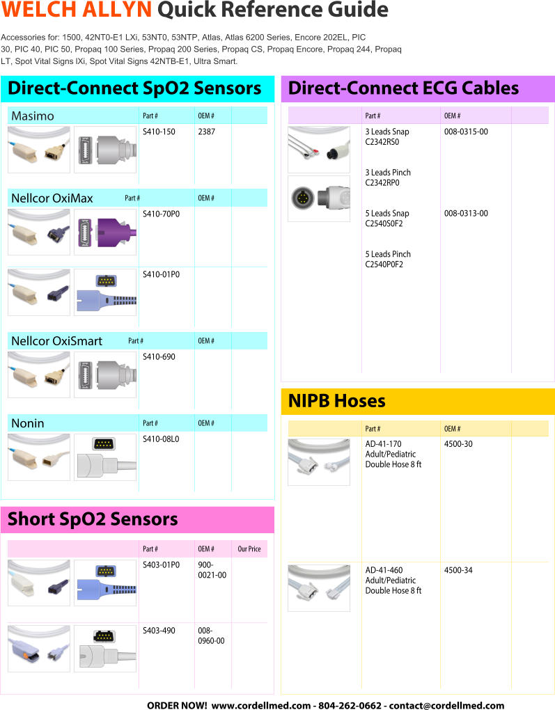 WELCH ALLYN Quick Reference Guide Accessories for: 1500, 42NT0-E1 LXi, 53NT0, 53NTP, Atlas, Atlas 6200 Series, Encore 202EL, PIC  30, PIC 40, PIC 50, Propaq 100 Series, Propaq 200 Series, Propaq CS, Propaq Encore, Propaq 244, Propaq LT, Spot Vital Signs lXi, Spot Vital Signs 42NTB-E1, Ultra Smart. Masimo Part # OEM # S410-1502387 Nellcor OxiSmartPart # OEM # S410-690 Nonin Part # OEM # S410-08L0 Direct-Connect SpO2 Sensors Nellcor OxiMaxPart # OEM # S410-70P0 S410-01P0 Part # OEM # AD-41-170 Adult/Pediatric   Double Hose 8 ft 4500-30 AD-41-460 Adult/Pediatric  Double Hose 8 ft 4500-34 NIPB Hoses Short SpO2 Sensors Part # OEM # 3 Leads Snap C2342RS0 3 Leads Pinch C2342RP0 5 Leads Snap C2540S0F2 5 Leads Pinch C2540P0F2 008-0315-00 008-0313-00 Direct-Connect ECG Cables ORDER NOW!  www.cordellmed.com - 804-262-0662 - contact@cordellmed.com Part # OEM #Our Price S403-01P0900- 0021-00 S403-490008-0960-00